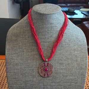 Boho Coral and Red Medallion Necklace - Pre-loved (17"-20")